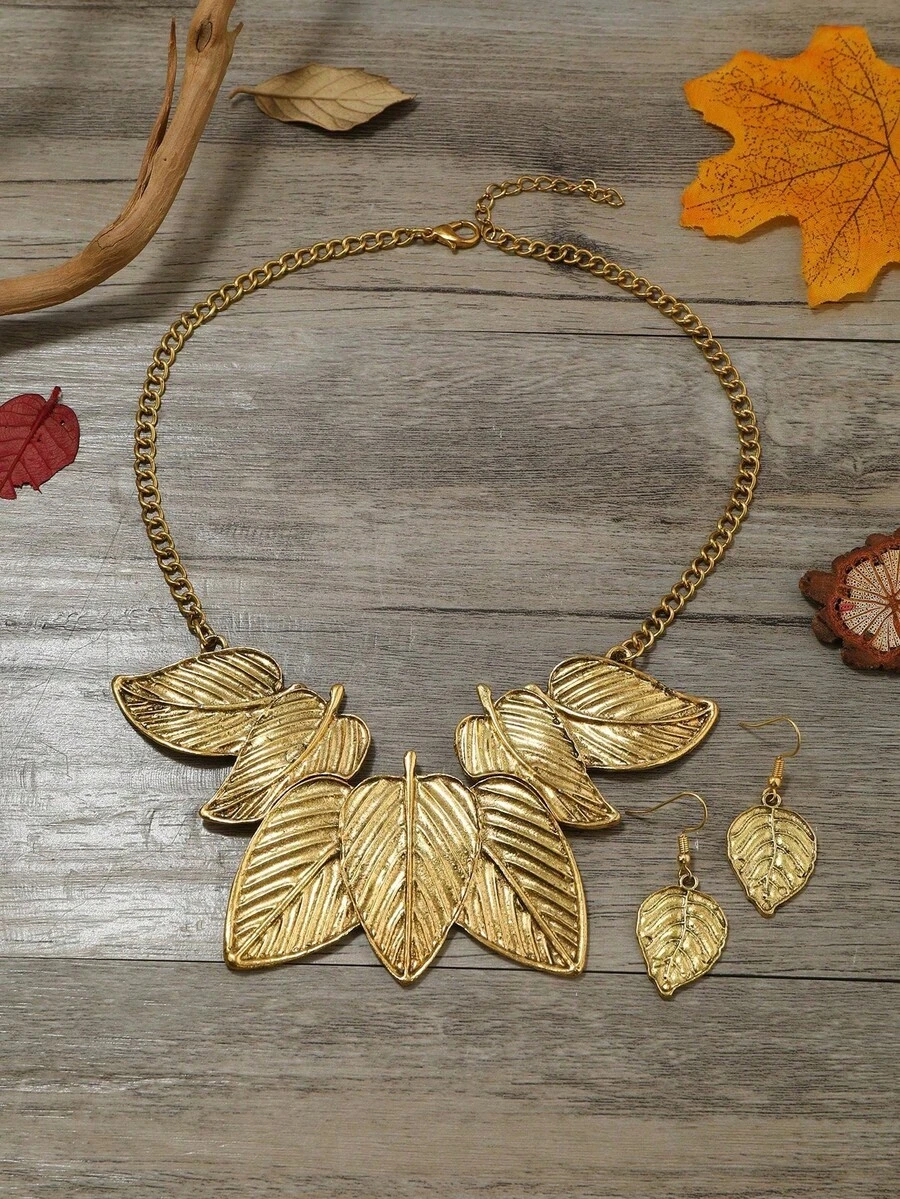 1 套复古风格叶子雕刻链项链和 2 件耳环，皇家优雅女士款 - 古金色 - 查看 1