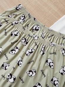 3 件套熊猫印花字母睡衣套装，包括圆领短袖 T 恤 + 松紧腰短裤 + 休闲长裤，适合女士的舒适睡衣和家居服 - 彩色 - 查看 5