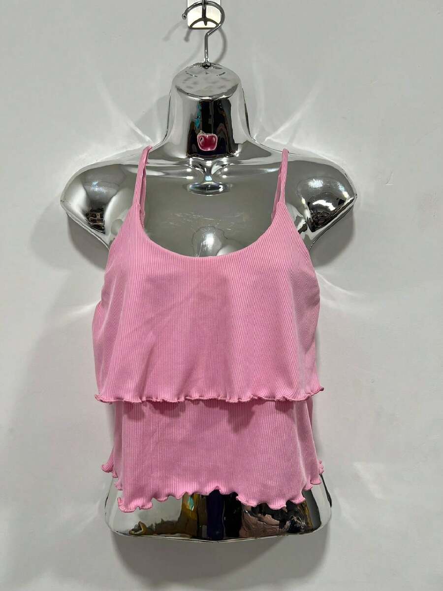 Women's 2-Ruffled Bow Tank Top In Ribbed Fabric - Màu Hồng baby - Xem 1