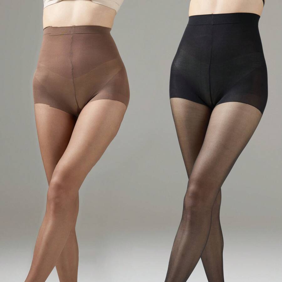 2 Pairs Plus Size Women's 20D Minimalist Solid Color Pantyhose, Coffee Brown And Black - Multicolor - View 1