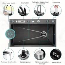 Black Kitchen Sink - Embedded Workstation, 304 Stainless Steel Waterfall Sink, Nano Coating, Perfect Integration Of Aesthetic Experience, Durability, And Versatility - 31.49''*17.5''*8'' - View 5