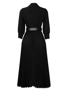 轻薄面料宽松纯色褶皱连衣裙，配腰带，复古风格女装，适合秋冬季节，优雅女士，返校节、婚礼、生日、教师装，黑色春季款 - 黑色 - 查看 5