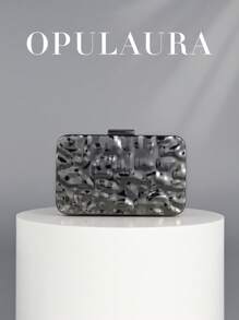 OpulAura 时尚金属闪亮盒形晚宴包，高端设计晚宴手拿包，奢华闪亮正式派对包，链条单肩斜挎包，适合舞会礼服、派对、鸡尾酒会、生日派对装扮、生日礼物、新娘手拿包 - 黑色 - 查看 1