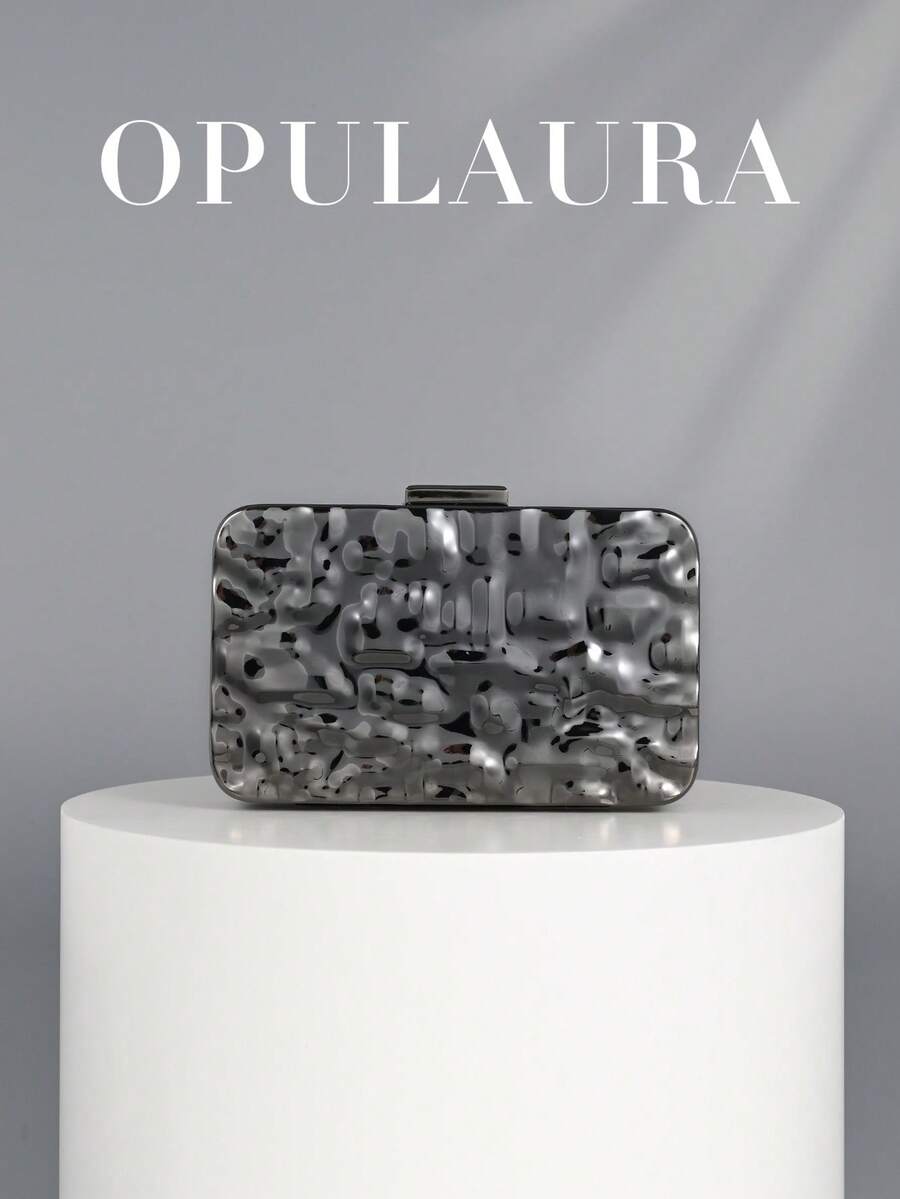 OpulAura 时尚金属闪亮盒形晚宴包，高端设计晚宴手拿包，奢华闪亮正式派对包，链条单肩斜挎包，适合舞会礼服、派对、鸡尾酒会、生日派对装扮、生日礼物、新娘手拿包 - 黑色 - 查看 1