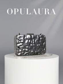 OpulAura 时尚金属闪亮盒形晚宴包，高端设计晚宴手拿包，奢华闪亮正式派对包，链条单肩斜挎包，适合舞会礼服、派对、鸡尾酒会、生日派对装扮、生日礼物、新娘手拿包 - 黑色 - 查看 2