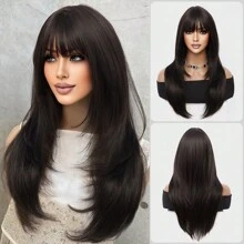 Tóc giả màu đen nâu thanh lịch đơn giản bằng sợi hóa học chịu nhiệt tóc giả dài thẳng nhiều lớp tóc giả 26 inch tự nhiên có mái tóc hàng ngày cho phụ nữ dự tiệc tóc tự nhiên dễ thương và ngọt ngào tóc giả chịu nhiệt - Black-brown - Xem 11