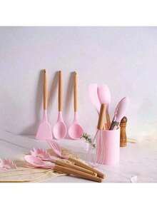 Silicone Spoons Set With Wooden Handle 12 Pieces Kitchen Utensils - 套件6 - 查看 2
