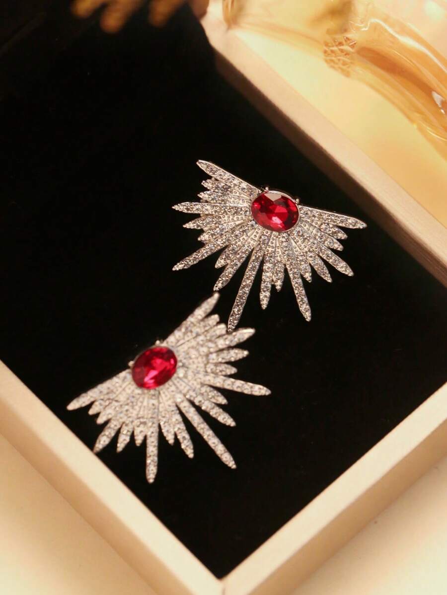 1 Pair Sparkling Wing Shaped Rhinestone Earrings, Elegant & Unique, Suitable For Brides, Lightweight & Eye-Catching, Ideal For Galas And Parties - Red - View 1