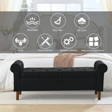 62" Bedroom Tufted Button Storage Bench Modern Fabric Upholstered Ottoman Window Bench Rolled Arm Design For Bedroom Living Room Foyer Black - Black + Fabric + Foam as Pic - View 4