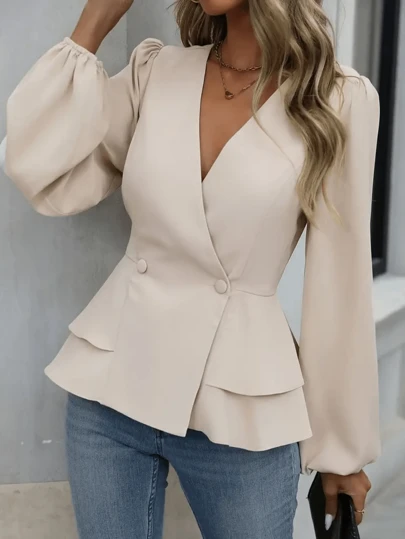 Women's Solid Color Long Sleeve Button-Front Shirt, Elegant & Fashionable For Everyday Casual Wear, Autumn