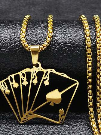 Lucky Ace Of Spades Poker 10 J Q K A Necklace Stainless Steel Card Casino Fortune Playing Cards Necklace
