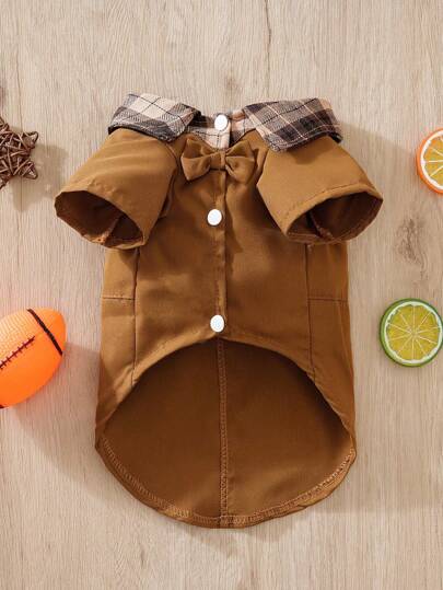 1pc marrom xadrez colarinho pet camisa para cães pequenos e gatos, primavera/outono