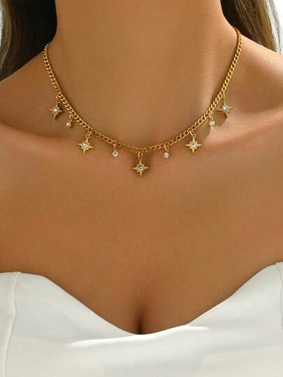 LIEBEIRIS 1 Stück 18 Karat vergoldete Mode dicke Kette mit Stern Quaste und Zirkonia, rostfreier Stahl Halskette, geeignet für den täglichen Gebrauch von Frauen und als Geschenk