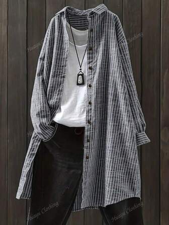Women Stripe Print Long Sleeve Single-Breasted Loose Casual Shirt, Spring And Autumn,Long Sleeve Tops