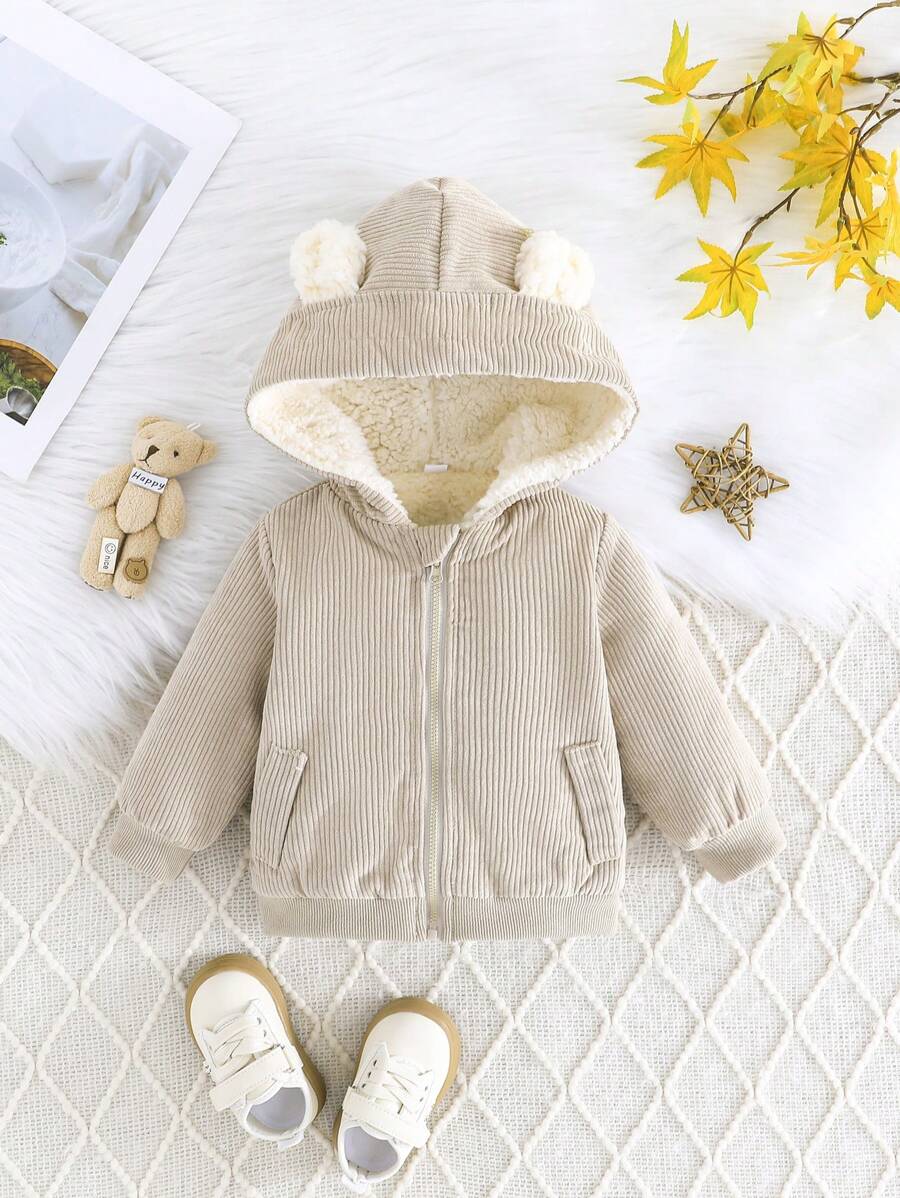 Baby Boys Autumn/Winter Warm Thicken Fleece Ear Decor Faux Pocket Decoration Casual Outdoor Jacket - Apricot - View 1