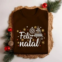 T-Shirt Cotton Blouse Short Sleeve Personalized Merry Christmas Letters Themed Party Look - 鏽棕色 - 查看 1
