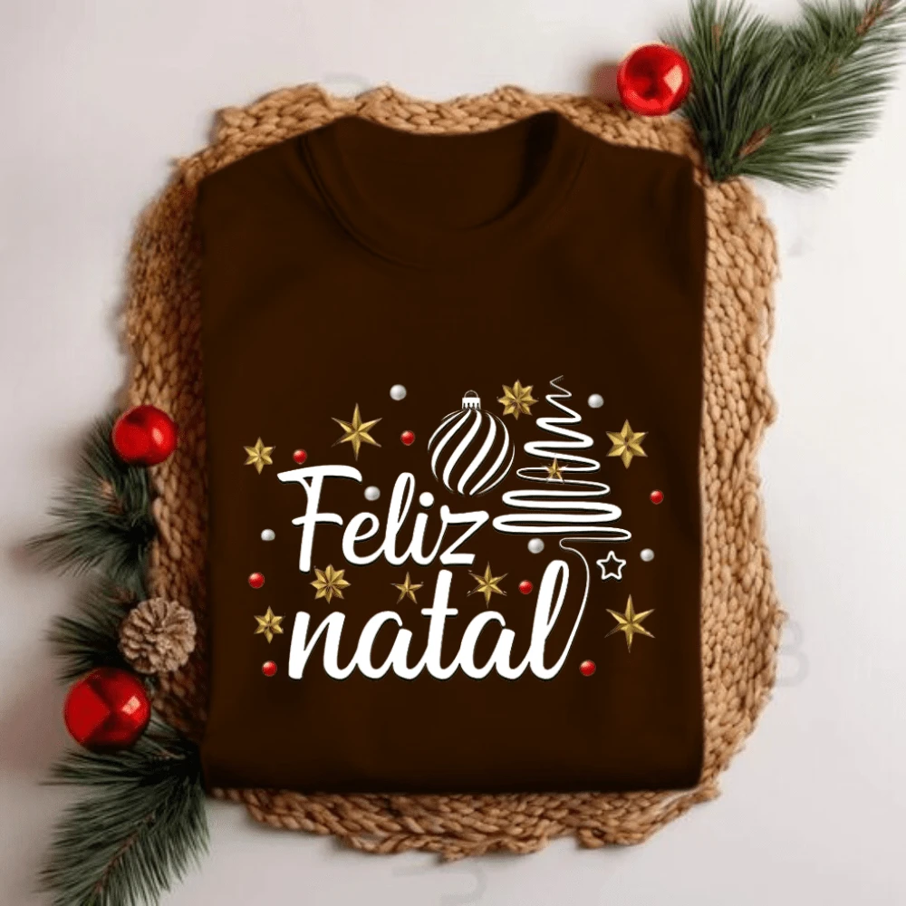 T-Shirt Cotton Blouse Short Sleeve Personalized Merry Christmas Letters Themed Party Look - 鏽棕色 - 查看 1