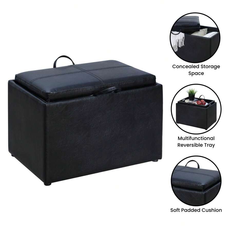 Storage Bench With Reversible Tray, Blue Leather SHEIN USA