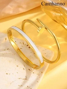 Camhanno 2 piezas de un elegante y de moda conjunto de pulsera de acero inoxidable con estampado de flor de ciruelo y flor de cuatro pétalos, adecuado para regalar a novias durante fiestas, San Valentín, mamá, madre, Día de la Madre - Dorado - Ver 12