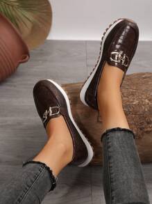 新款女士皮革蛇纹防滑鞋底轻便鞋，多色纯色女士休闲鞋，简约时尚女士一脚蹬乐福鞋，女士莫卡辛鞋 - 鏽棕色 - 查看 3