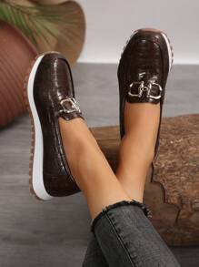 新款女士皮革蛇纹防滑鞋底轻便鞋，多色纯色女士休闲鞋，简约时尚女士一脚蹬乐福鞋，女士莫卡辛鞋 - 鏽棕色 - 查看 4