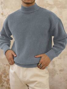 Maglione casual vintage con collo alto da uomo - celeste - Visualizzare 1