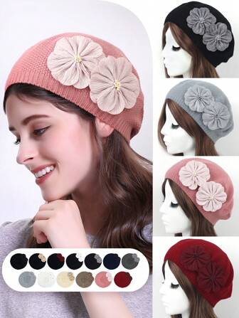 1 件女式双花休闲针织贝雷帽，时尚百搭纯色帽子