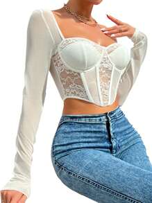 Womens Corset Crop Tops, Long Sleeve Lace Patchwork Solid Color Asymmetrical Bustier T-Shirts - White - View 6