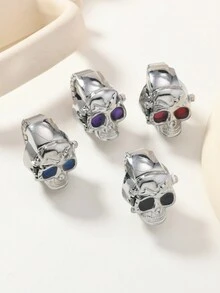 1 件时髦朋克风格银色骷髅戒指，配不锈钢弹性表带，男女多指手表，日常佩戴，绿蓝红紫红眼骷髅手表戒指 - 骷髏手錶戒指 - 查看 3