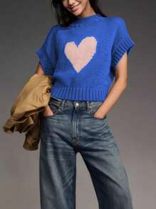 Womens Short Sleeve Sweater Heart Mock Neck Crop Knitted Tops Casual Streetwear For Daily Office Party - 藍色 - 查看 2