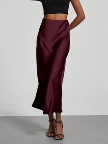 Se-Helo Fashion Women's Elastic Satin Finish Maxi Skirt - Burgundy