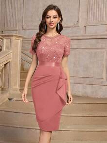 MIUSOL Elegant Sequin Floral Lace Ruffle Trim Wrap Hem Cocktail Party Fitted Dress - Bụi hồng - Xem 3