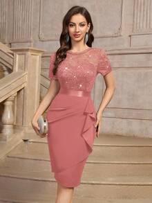 MIUSOL Elegant Sequin Floral Lace Ruffle Trim Wrap Hem Cocktail Party Fitted Dress - Bụi hồng - Xem 1