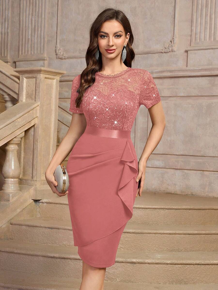 MIUSOL Elegant Sequin Floral Lace Ruffle Trim Wrap Hem Cocktail Party Fitted Dress - Bụi hồng - Xem 1