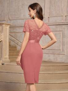 MIUSOL Elegant Sequin Floral Lace Ruffle Trim Wrap Hem Cocktail Party Fitted Dress - Bụi hồng - Xem 2