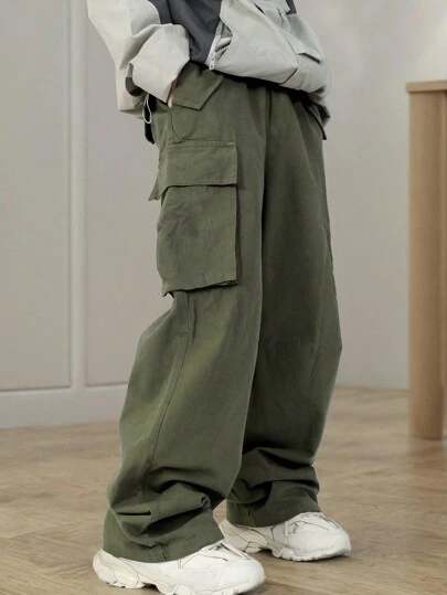 青少年男孩简约纯色工装口袋宽松阔腿运动休闲裤，时尚街头风格，男孩春夏