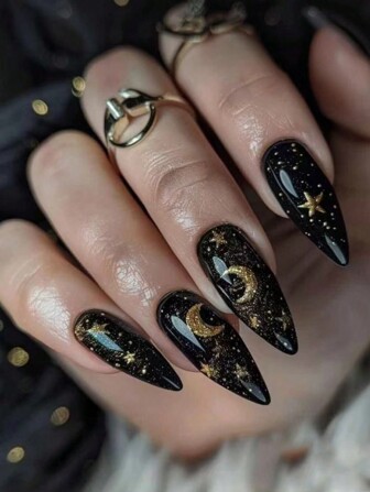 24 piezas de uñas postizas negras de longitud media con acentos de estrellas doradas brillantes y lunas, parches de uñas artificiales negras elegantes para aplicar, suministros para uñas