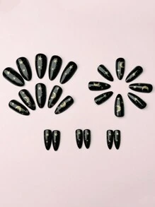 24 Stück schwarze mittelgroße glänzende goldene Stern-Akzent-Monde Künstliche Nägel, elegante schwarze künstliche Nagelpflaster zum Aufkleben, Nagelzubehör - Schwarz - Übersicht 3