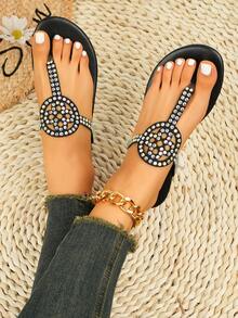 水钻装饰平底女士人字拖凉鞋，简约舒适休闲一脚蹬拖鞋 - 黑色 - 查看 6