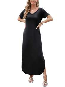 Huskary Women's Summer Maxi Dress Casual Loose Pockets Long Dress Short Sleeve Split Maxi Dresses - 黑色 - 查看 3