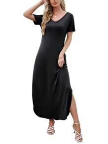 Huskary Women's Summer Maxi Dress Casual Loose Pockets Long Dress Short Sleeve Split Maxi Dresses - 黑色 - 查看 4