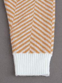 女士秋冬罗纹针织套头衫，圆领长袖，撞色几何条纹，休闲复古风格 - 橘色 - 查看 6