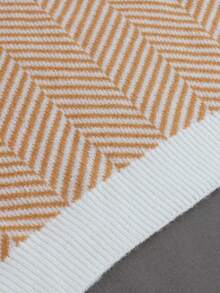 女士秋冬罗纹针织套头衫，圆领长袖，撞色几何条纹，休闲复古风格 - 橘色 - 查看 7