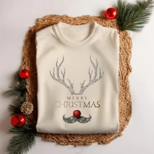 Unisex Christmas T-Shirt Reindeer Shiny Henna Party Personalized Premium Fabric Print 12 - 黑色 - 查看 2