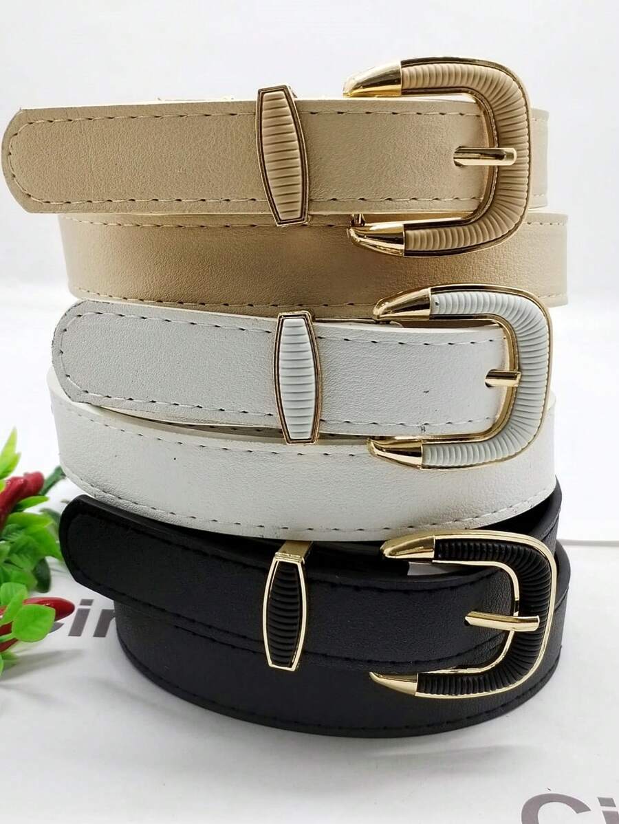 3 Pieces Leather Belt With Buckle 2.3CM - 白色+杏色+黑色 - 查看 1