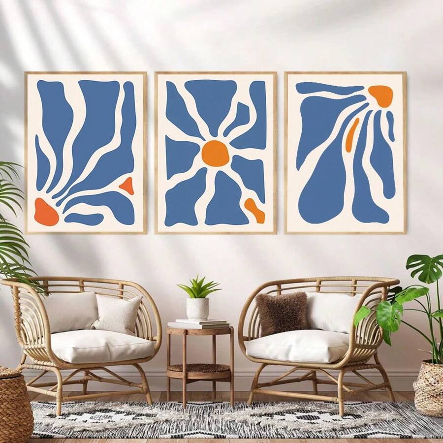 3 套无框简约波西米亚风植物花卉复古艺术海报帆布印刷蓝色抽象花卉画现代家居装饰 - 黑色 - 查看 1