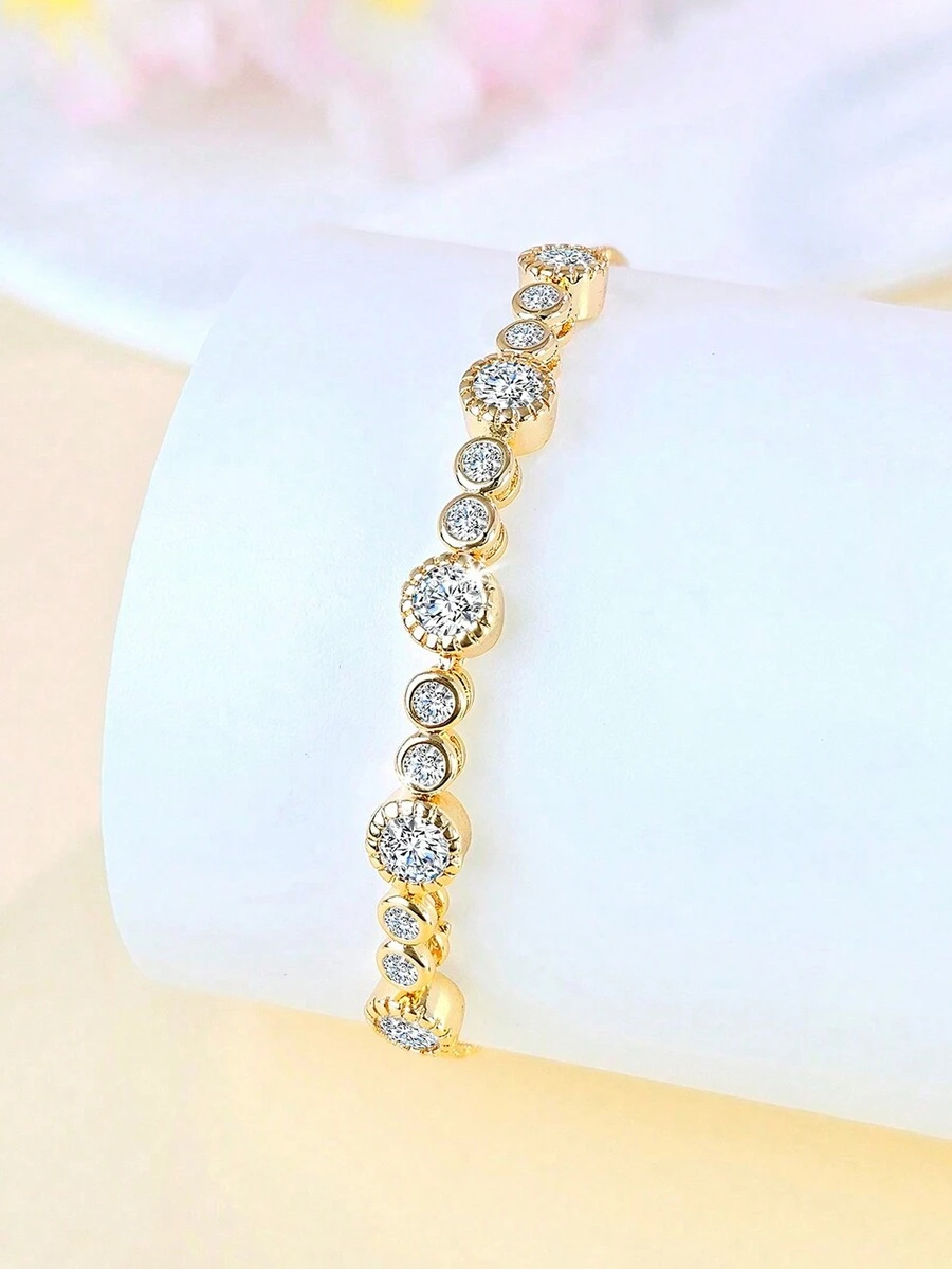 1 件现代时尚优雅休闲铜手链，镶嵌闪亮锆石，金色可调节链条，女士时尚珠宝，派对和日常服装配饰，礼物 - 圓形 - 查看 1