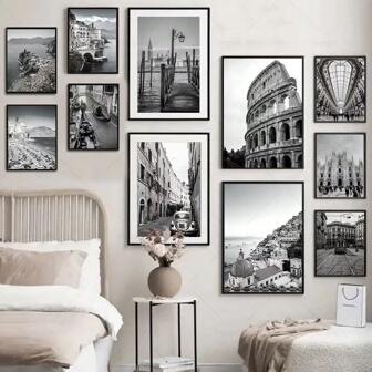 1 pezzo Quadro da parete cartellone Milan Italia, in bianco e nero, stampa fotografica di paesaggio su tela, dipinto paesaggistico con barca, bus per decorazione della camera da letto, ideale per soggiorno e viaggi