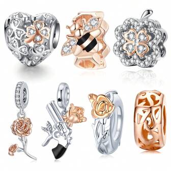 WOSTU 1 件 925 纯银复古玫瑰金蜜蜂、Lcuky 心形四叶草串珠玫瑰手枪和康乃馨吊坠适合女孩和女士 DIY 手链项链珠宝制作礼物