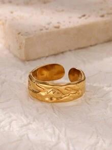 1PC Vintage Hammered Asymmetric Rings For Women Opening Gold Plated Stainless Steel Ring Fashionable Ladies Daily Jewelry Decoration
